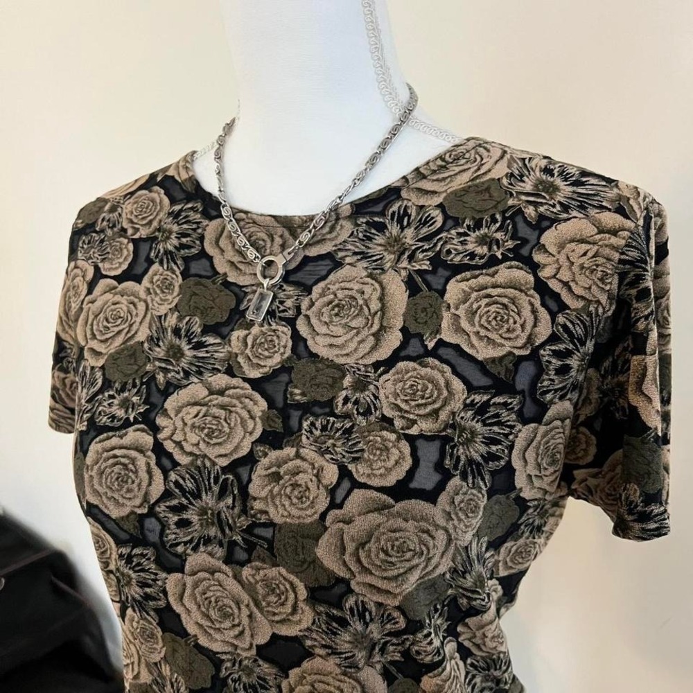 Vintage Y2K Micro-mesh Burnout Whimsygoth Black & Brown Floral Mesh Top - Picture 2 of 7